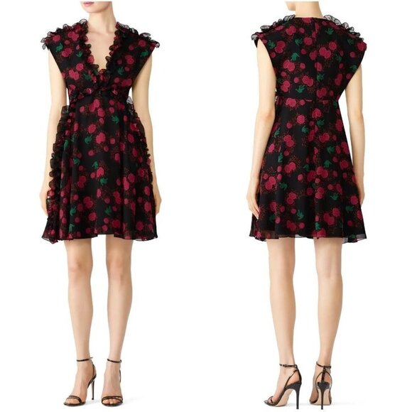 Giamba Dresses & Skirts - Giamba Black Pink Rose Ruffle V-Neck Luxury Dress $1935